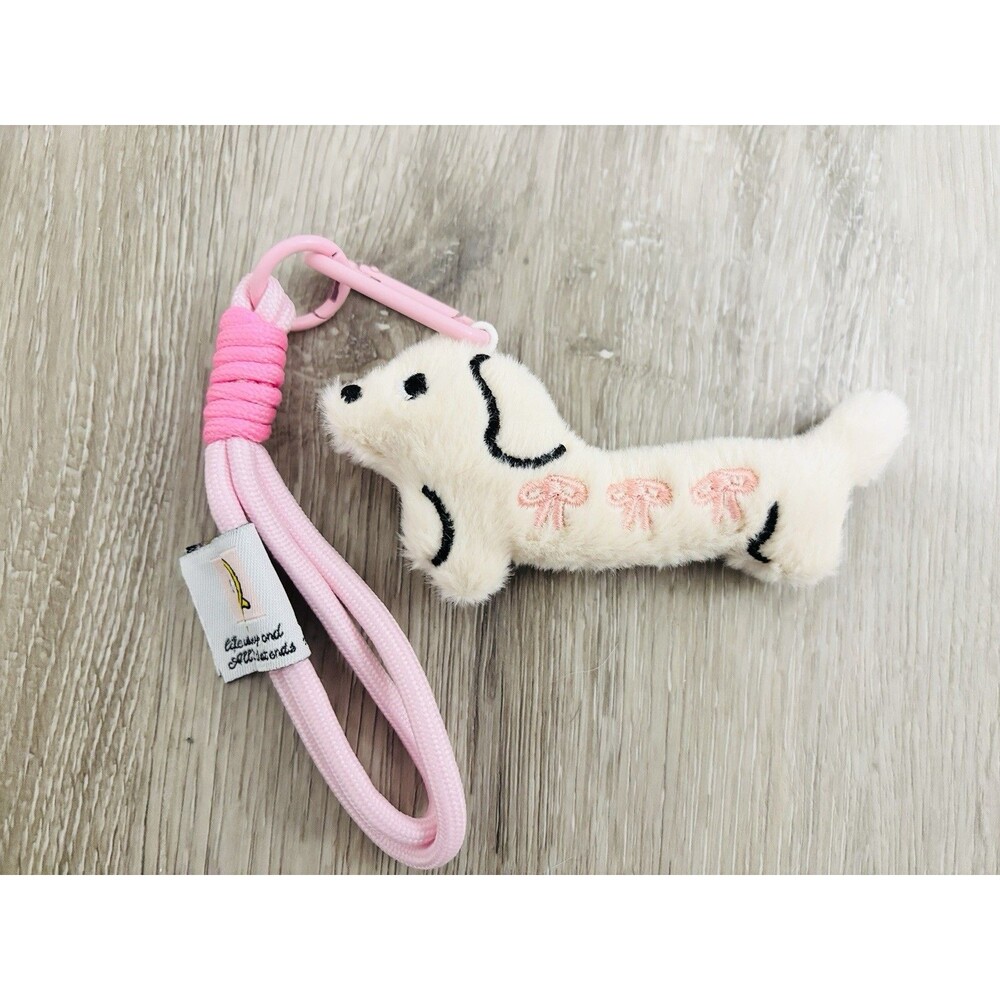 Plush Dachshund Wiener Dog Keychain W/ Wristlet Bag Charm - White Bow Soft